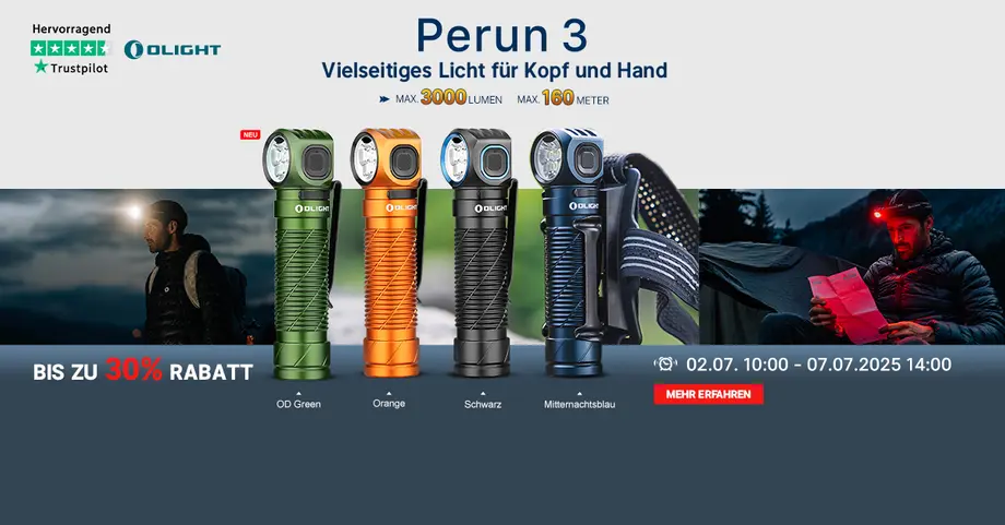 Olight Perun 3 Stirn- & Taschenlampe in OD Grün, Orange, Schwarz, Mitternachtsblau. 3000lm, 160m. Ideal für Outdoor mit bis zu 30% Rabatt.