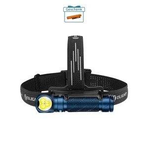 Blaue Olight Stirnlampe mit drei LEDs und schwarzem Kopfband