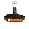 Orange Olight LED-Stirnlampe mit drei LEDs und schwarzem Kopfband.