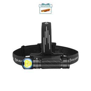 Olight Stirnlampe, schwarz, mit drei gelben LEDs und verstellbarem Kopfband.