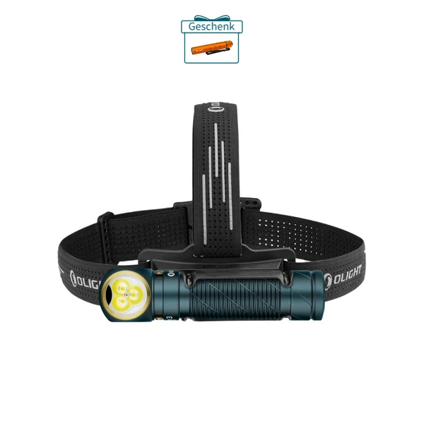 Olight LED Stirnlampe dunkelgrün, schwarzes verstellbares Kopfband. Ideal für Outdoor, Wandern, Camping, Laufen.