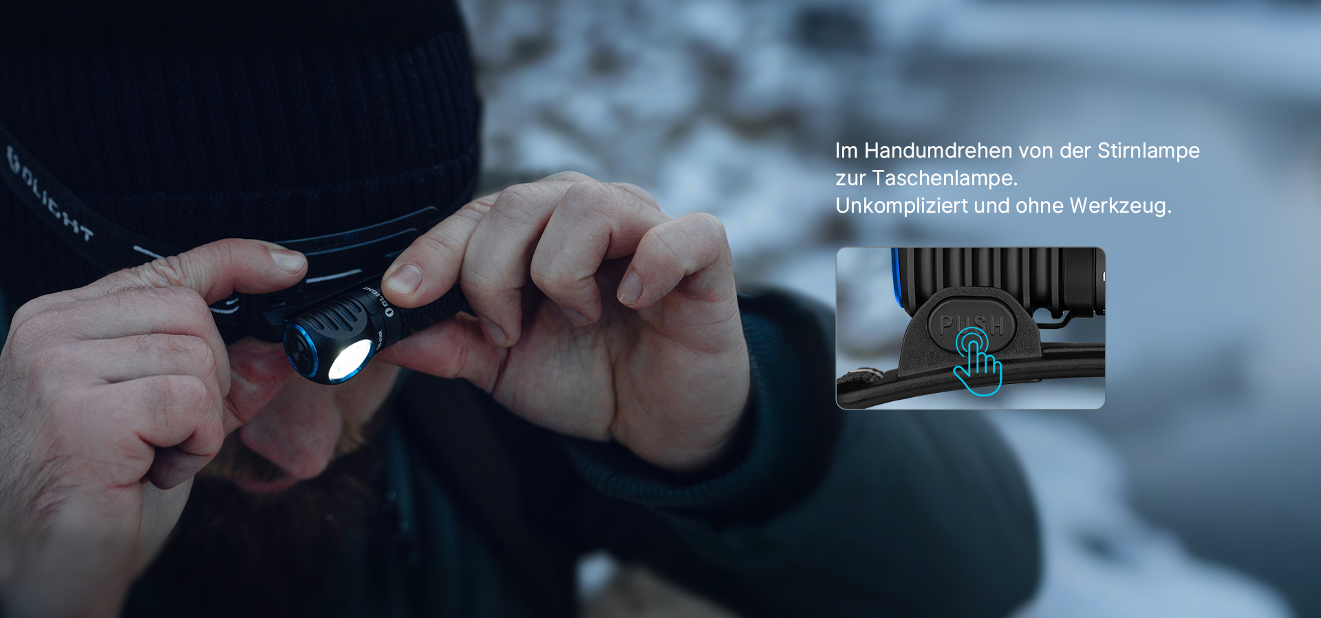 Perun 3 Mini wird in einer offiziellen Outdoor-Szene am Kopfband eingestellt