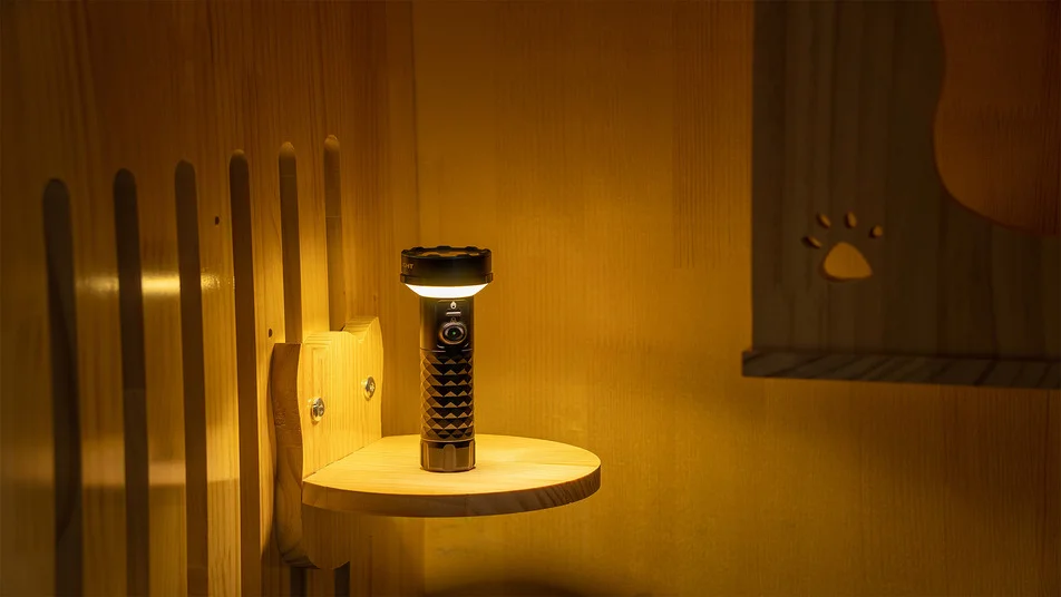 Schwarze Taschenlampe, warmes Licht, Holzregal, Holzpaneele, Pfotenabdruck.