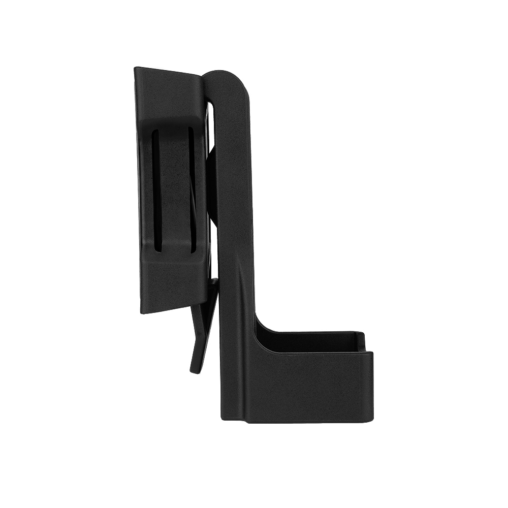 Schwarzer Gürtelclip aus Kunststoff für Holster Seitenansicht vor weißem Hintergrund
