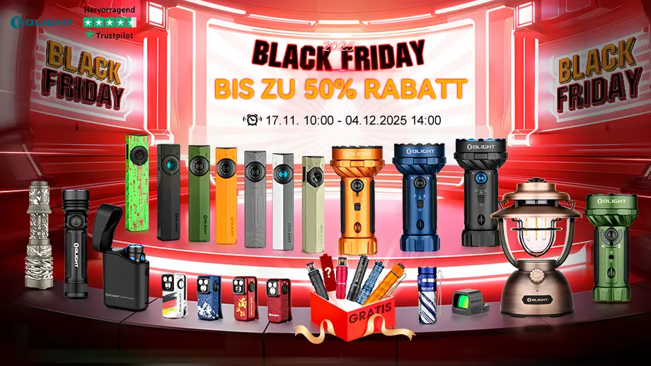 Olight Black Friday 2025 Aktion: Bis zu 50% Rabatt auf Taschenlampen, Laternen und Leuchten.