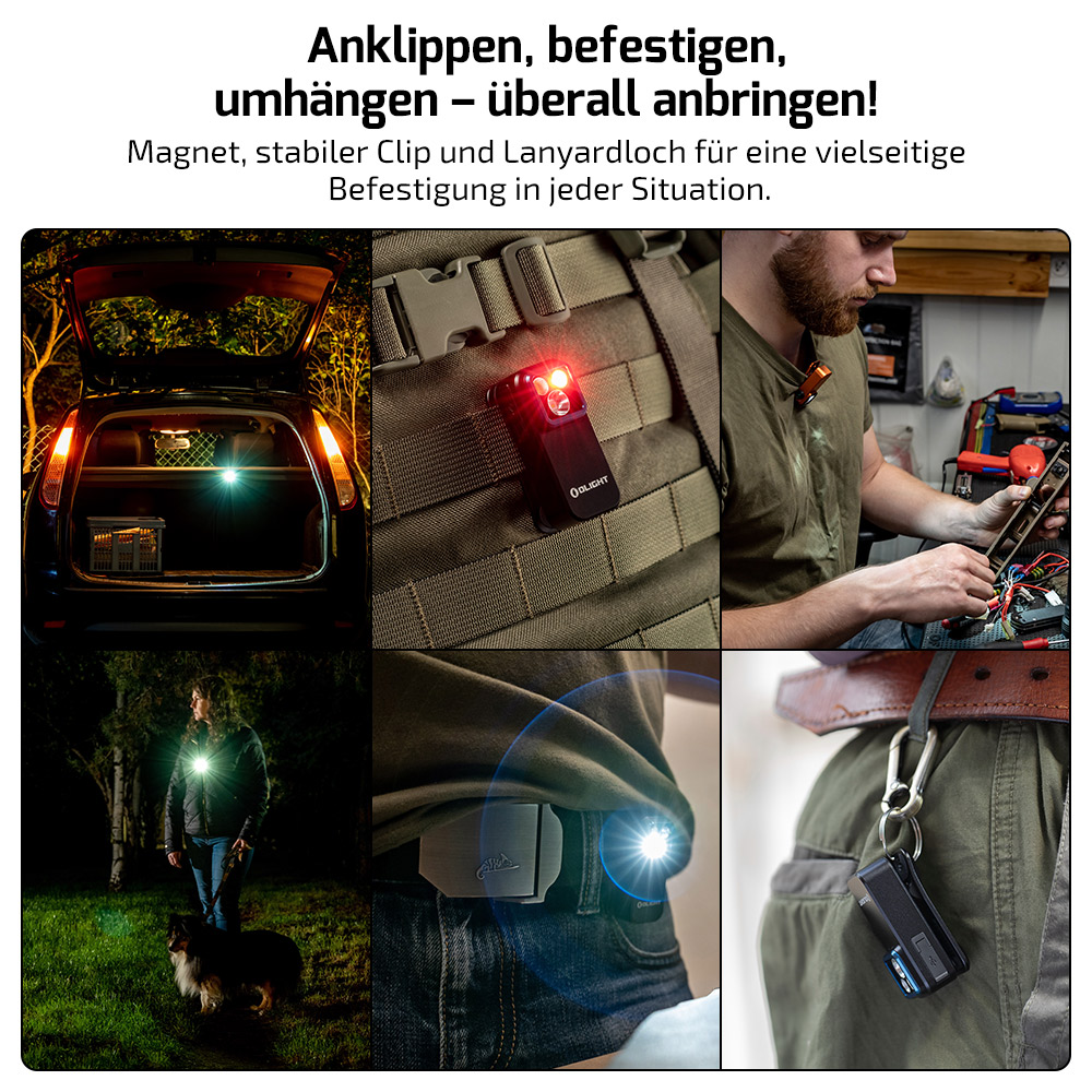 Offizielle Oclip-Pro-Montage mit Clip an Kleidung, Lampe am Ausr&uuml;stungsgurt und weiteren Befestigungsbeispielen