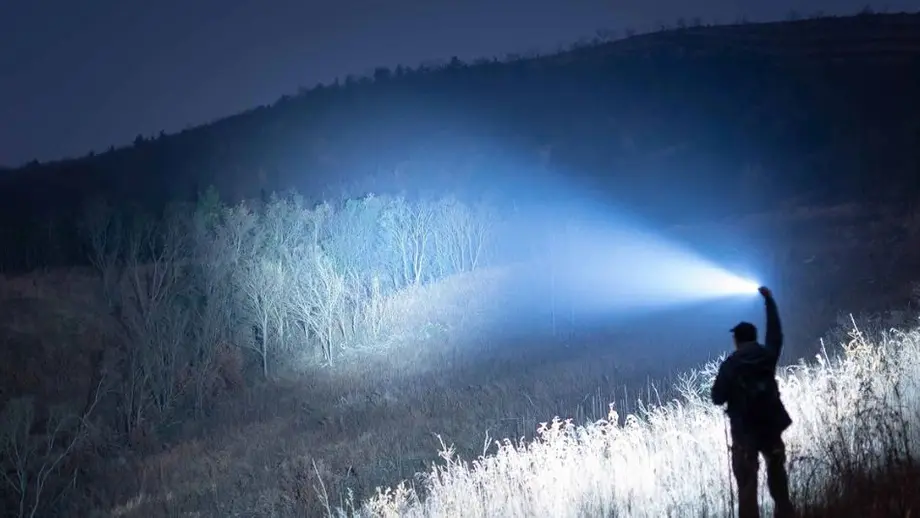 Mann leuchtet nachts mit Taschenlampe kahle Bäume am Berghang aus.