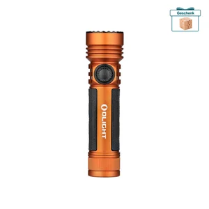 Olight orange Seeker 4 Pro Taschenlampe, Seitenansicht mit taktischen Details und strukturiertem Griff für Notfälle und die Suche.