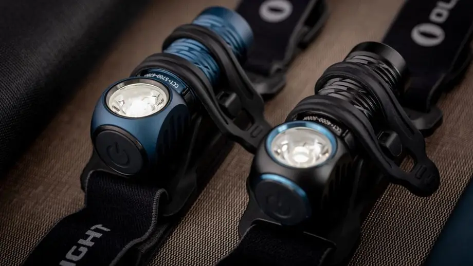 Olight Stirnlampen: Blaue und schwarze LED-Kopflampen für Outdoor, Wandern, Camping.