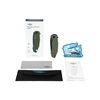 Oknife Spurdog grünes Klappmesser-Set mit Verpackung, Tasche, Reinigungstuch und Anleitung auf weißem Hintergrund