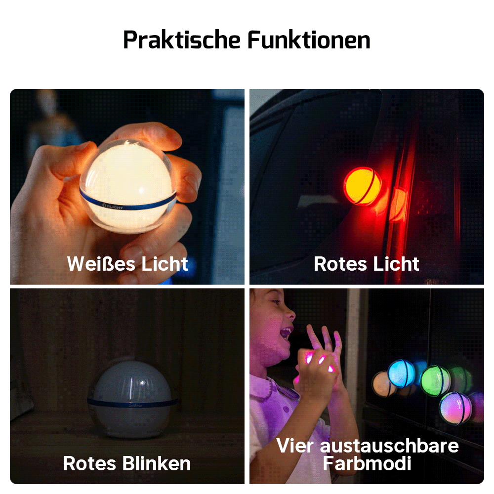 Vielseitige Kugellampe: Weiß-, Rotlicht, Rotblinken sowie vier austauschbare Farbmodi.