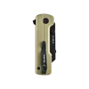 Geschlossenes Oknife U1 Ultra Taschenmesser mit goldenem Griff und schwarzem Gürtelclip vor schwarzem Hintergrund