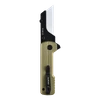 Oknife U1 Ultra klappbares Universalmesser mit goldfarbenem Griff, Gürtelclip und Trapezklinge vor schwarzem Hintergrund