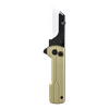 Klappbares Cuttermesser mit goldener Aluminium-Griffschale und trapezförmiger Klinge auf schwarzem Hintergrund