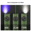 Taschenlampe mit 3 Lichtquellen: UV-Licht (900mW), grüner Laser (≤0,39mW), weißes Licht (1300 Lumen)