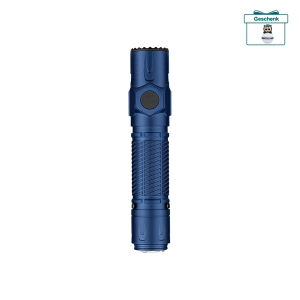 Blaue Taschenlampe mit Clip, weißer Hintergrund