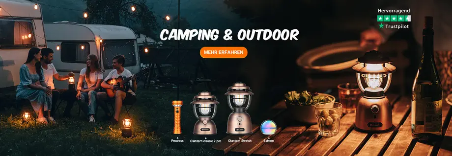 Nacht-Campingszene mit Freunden und Laternen; präsentiert vielseitige Outdoor-Beleuchtungsprodukte für Camping und Freizeit.