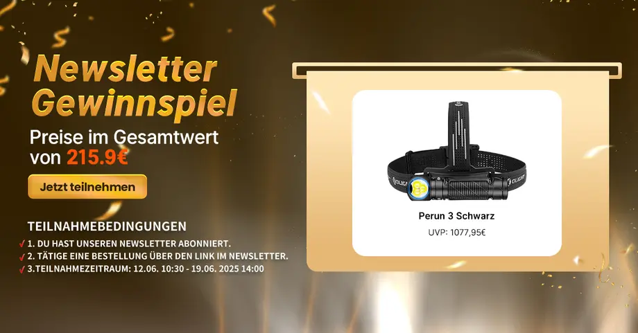Newsletter Gewinnspiel: Olight Perun 3 Schwarz Stirnlampe & andere Preise im Wert von 215.9€ zu gewinnen.