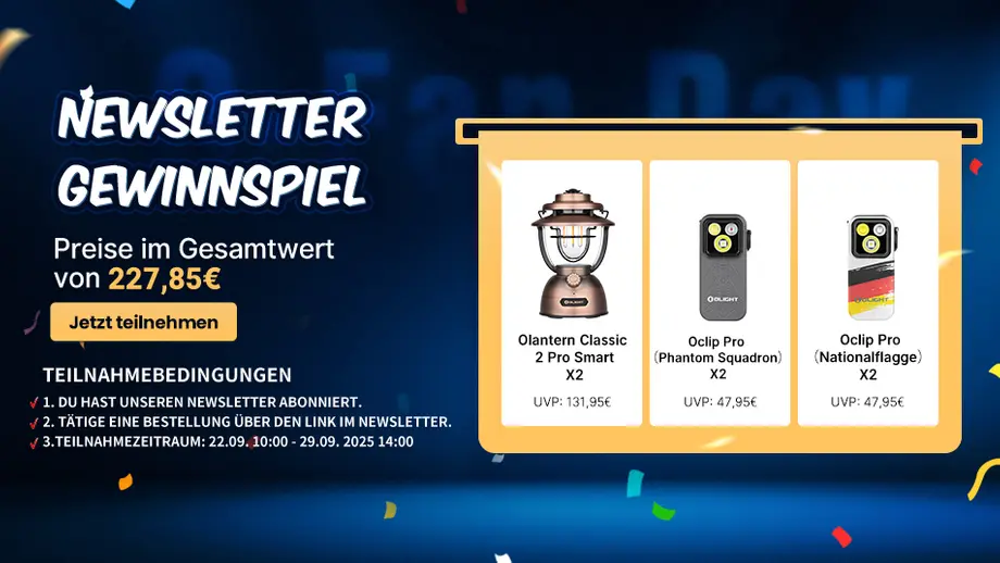 Newsletter Gewinnspiel mit Olight Olantern Classic 2 Pro Smart, Oclip Pro Phantom Squadron, Oclip Pro Nationalflagge.
