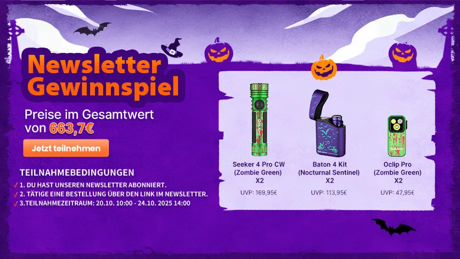 Newsletter Gewinnspiel: Olight Produkte im Halloween-Design. Preise im Gesamtwert von 663,7€. Jetzt teilnehmen.