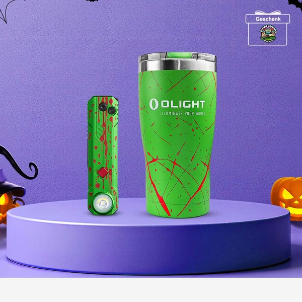 Olight Oclip Pro Clip-Leuchte und AION Thermo-Trinkbecher im grünen Zombie-Design als Halloween-Geschenkset