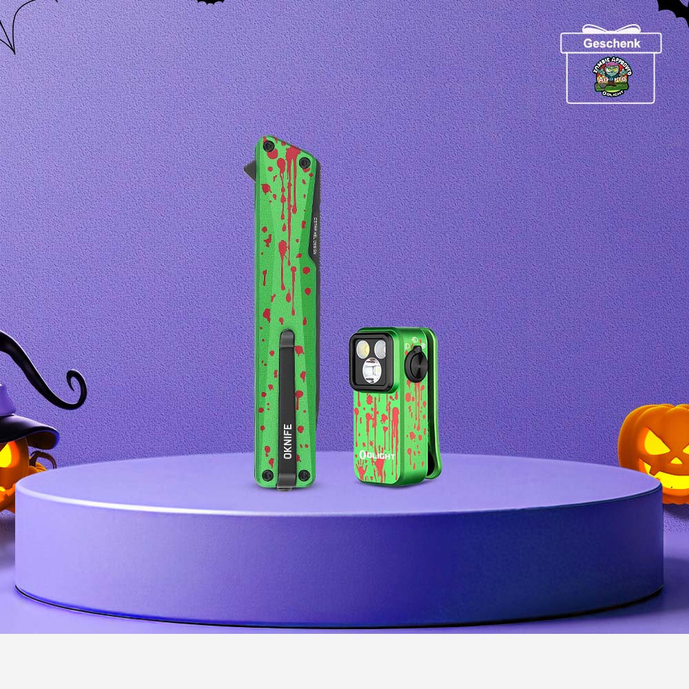 Grünes Olight Oclip Pro und OKNIFE AION Set im Zombie-Design auf lila Halloween-Podest für EDC- und Outdoor-Fans