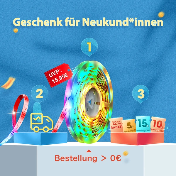 LED-Streifen für Neukunden mit 15,95€ UVP, gratis Versand und Rabatten bei Bestellung über 0€.